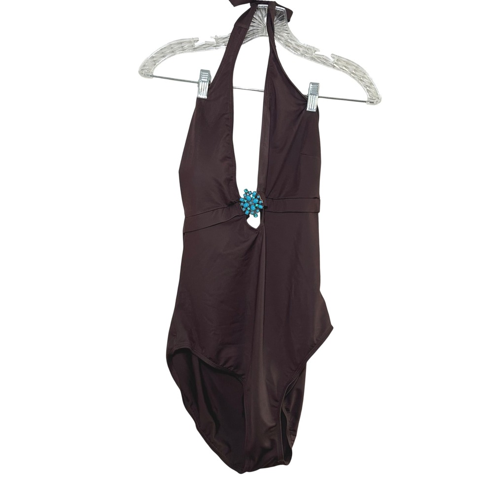 Magic Suit One Piece Halter Swimsuit Brown Turquoise Jeweled Women's 12 Classic